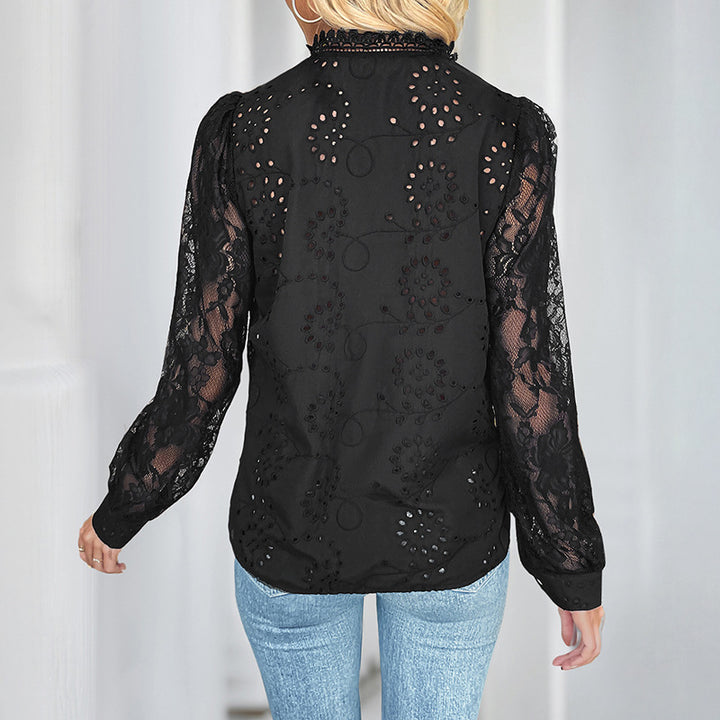 Damen Spitzenbluse mit Lochstickerei, Stehkragen und transparenten Puffärmeln Echoarchiv