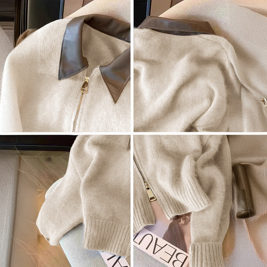 Damen kurz geschnittener Strickblouson mit Kunstlederkragen und goldfarbenem Metallreißverschluss – Célinea
