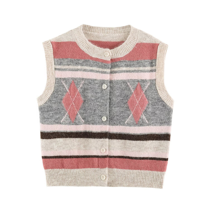 Damen Ärmellose Argyle-Strickweste mit durchgehender Knopfleiste und geripptem Saum Echoarchiv