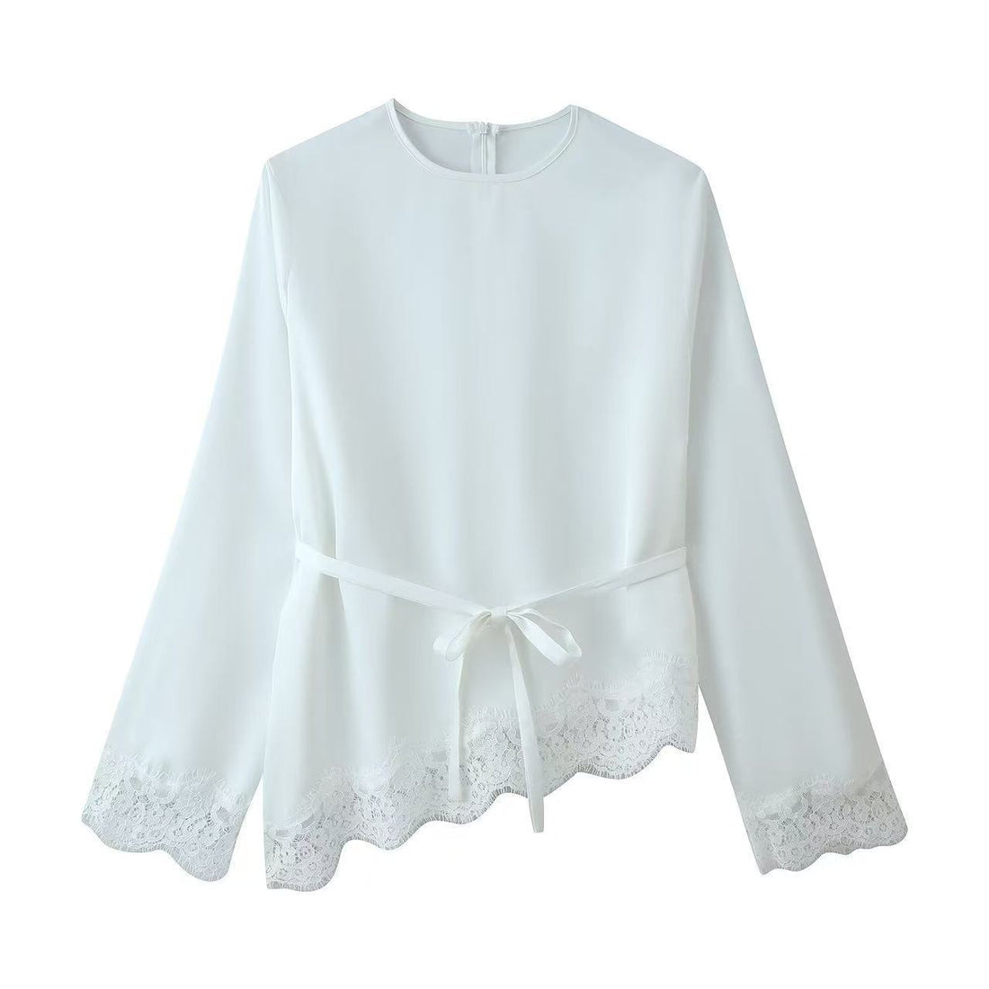 Damen Langärmlige Bluse mit Taillenband und Spitzenbesatz Echoarchiv