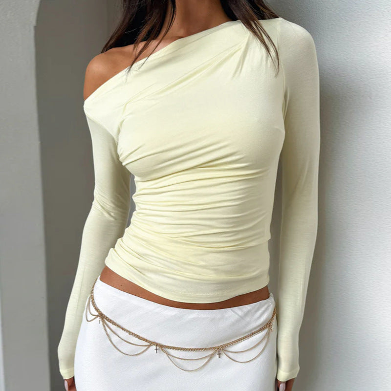 Damen Langarm-Crop-Top mit asymmetrischem Ausschnitt und Raffung Echo Archiv