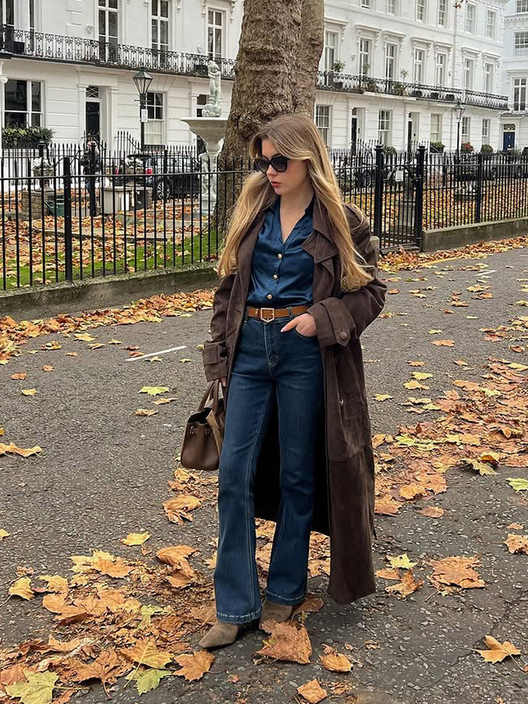 Damen Langschnitt Wildleder-Trenchcoat mit Oversize-Kragen und Bindegürtel Echoarchiv