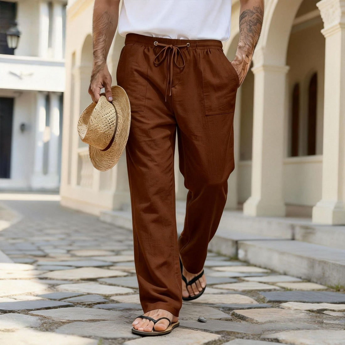 Herren leichte Leinenhose mit elastischem Bund und Kordelzug – Sorevano