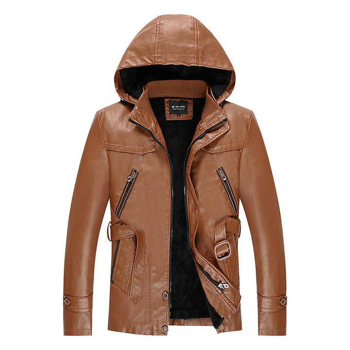Herren Kunstlederjacke mit Kapuze, Teddyfutter und Gürtelschnalle – Valtoré