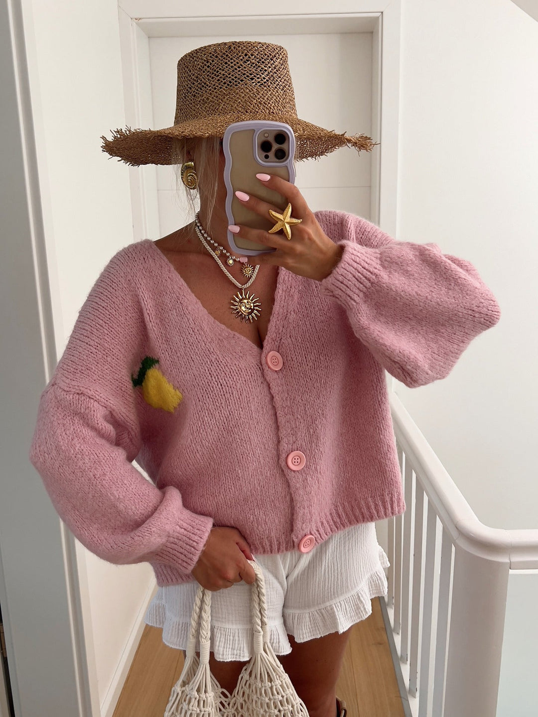 Damen Strickjacke mit fröhlichem Zitronenmotiv und Oversized-Schnitt Echoarchiv