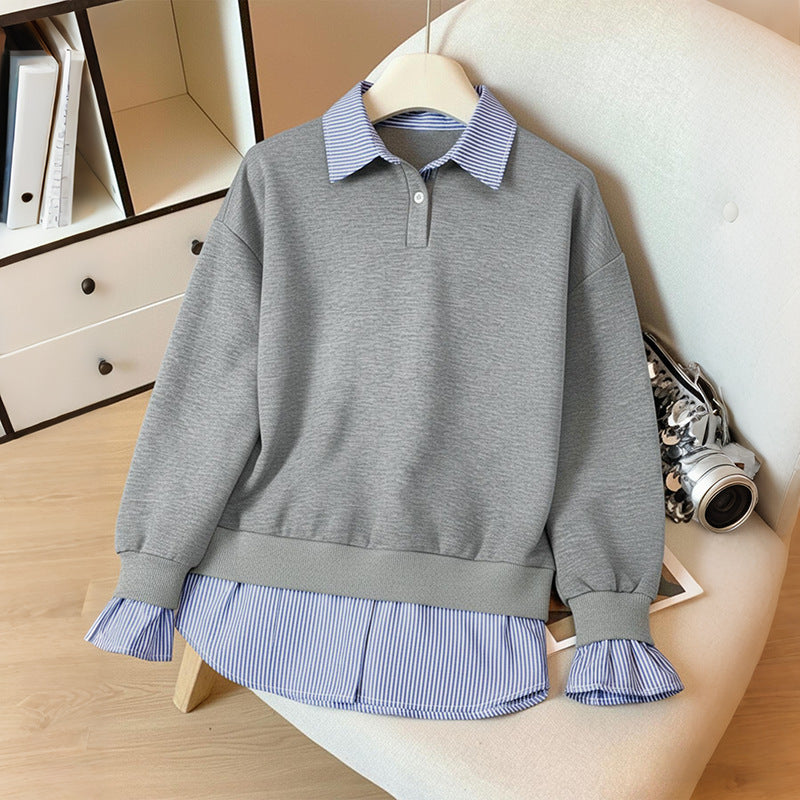 Damen Lagen-Look Sweatshirt mit eingearbeitetem Hemdsaum und Rüschenmanschetten Echoarchiv