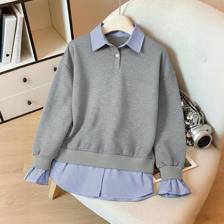 Damen Lagen-Look Sweatshirt mit eingearbeitetem Hemdsaum und Rüschenmanschetten Echoarchiv