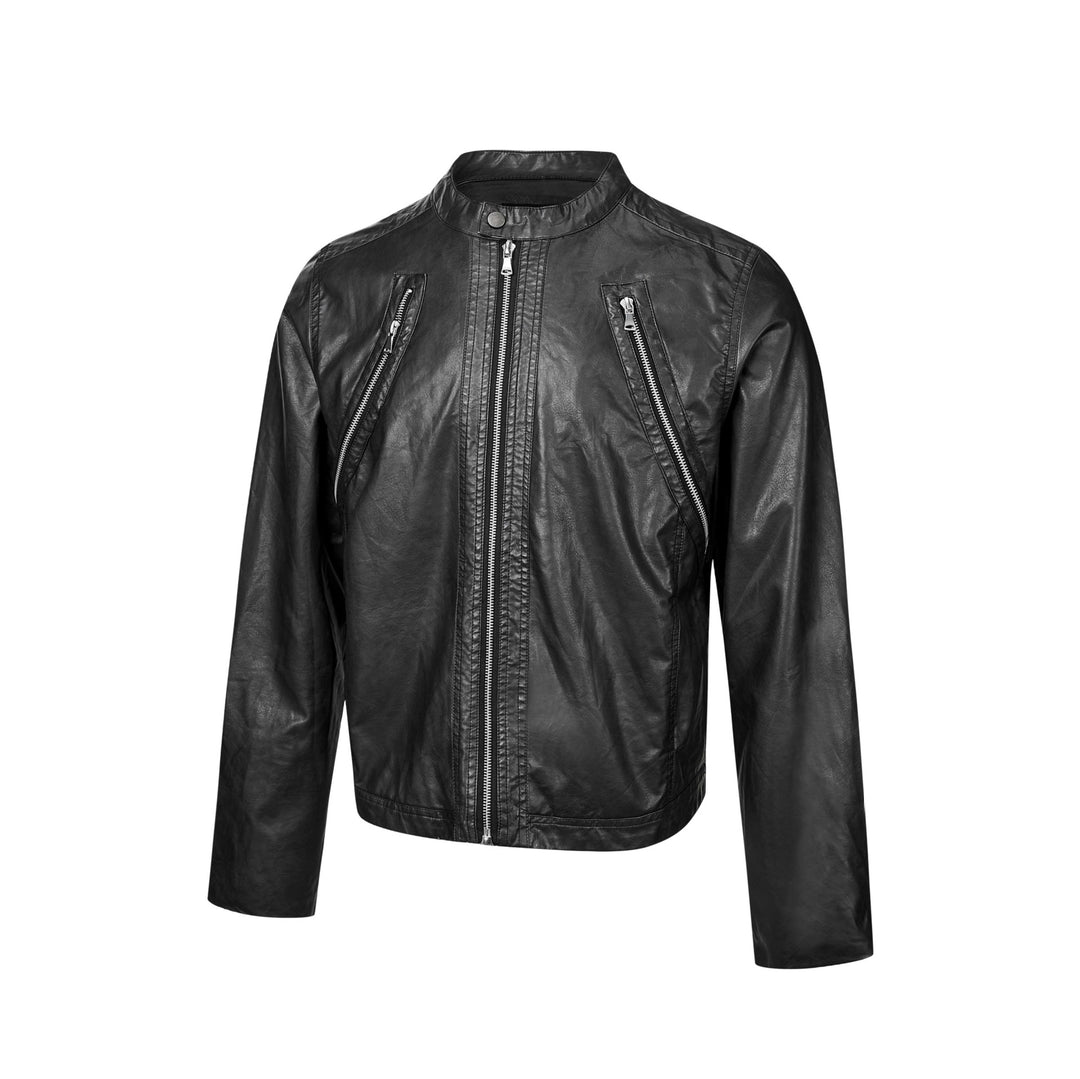 Herren Vintage-inspirierte Bikerblouson-Lederjacke mit Stehkragen und Zweiwege-Reißverschluss Echoarchiv