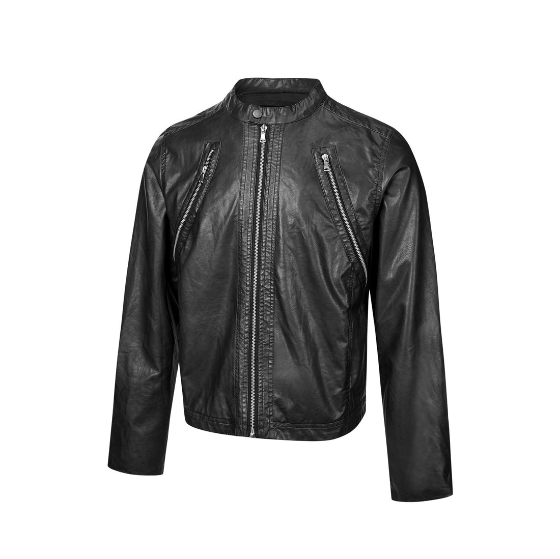 Herren Vintage-inspirierte Bikerblouson-Lederjacke mit Stehkragen und Zweiwege-Reißverschluss Echoarchiv