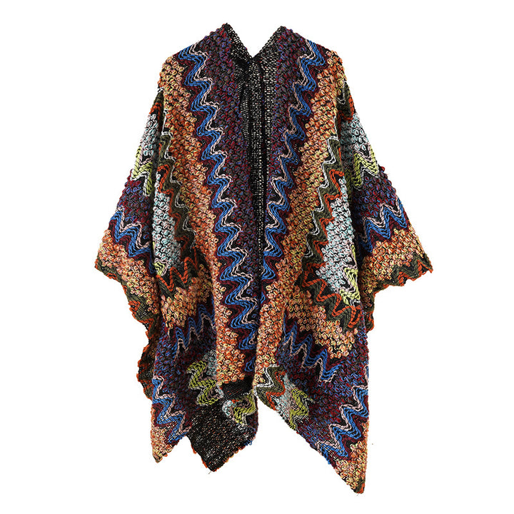 Damen Grobgestrickter Ethno-Ruana-Poncho mit Zickzack‑Jacquard und offenem Fall Echo Archiv