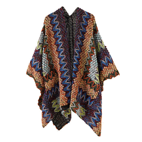 Damen Grobgestrickter Ethno-Ruana-Poncho mit Zickzack‑Jacquard und offenem Fall Echo Archiv