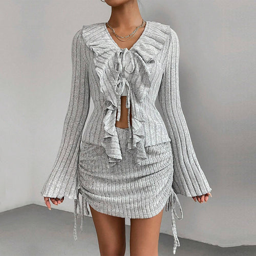 Damen gerippter Rüschencardigan mit Bindebändern und gerafftem Minirock-Set – Élanora