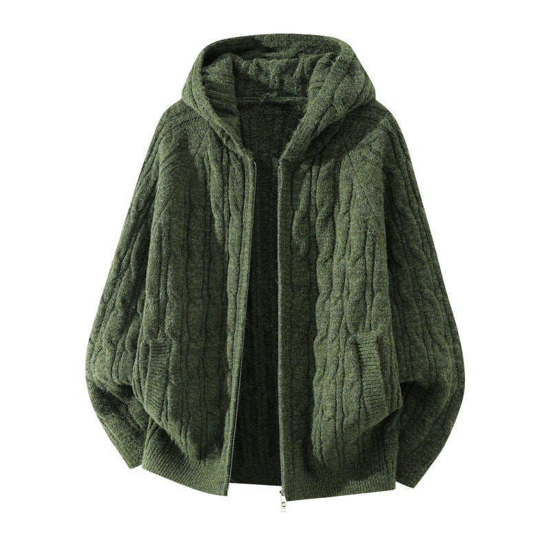 Damen Oversize Zopfstrick-Kapuzencardigan mit durchgehendem Reißverschluss und Ballonärmeln Echoarchiv