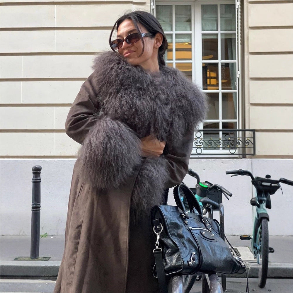 Damen Mantel aus Veloursleder‑Optik mit voluminösem Faux‑Fur‑Schalkragen, Fellmanschetten & Taillengürtel Echoarchiv