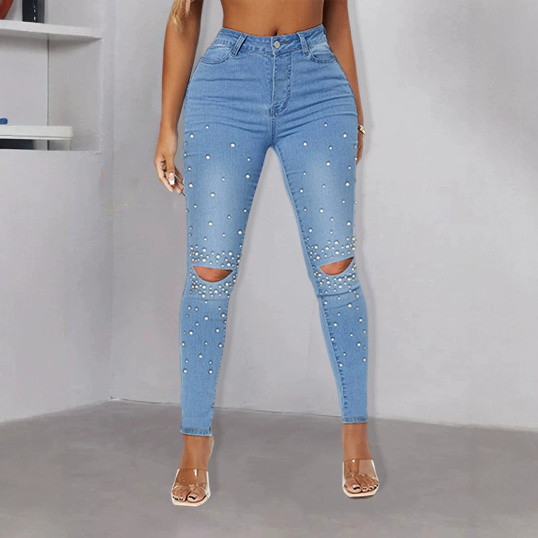 Damen Enganliegende High-Waist Skinny-Jeans mit Perlenbesatz und Knie-Cutouts Echo Archiv