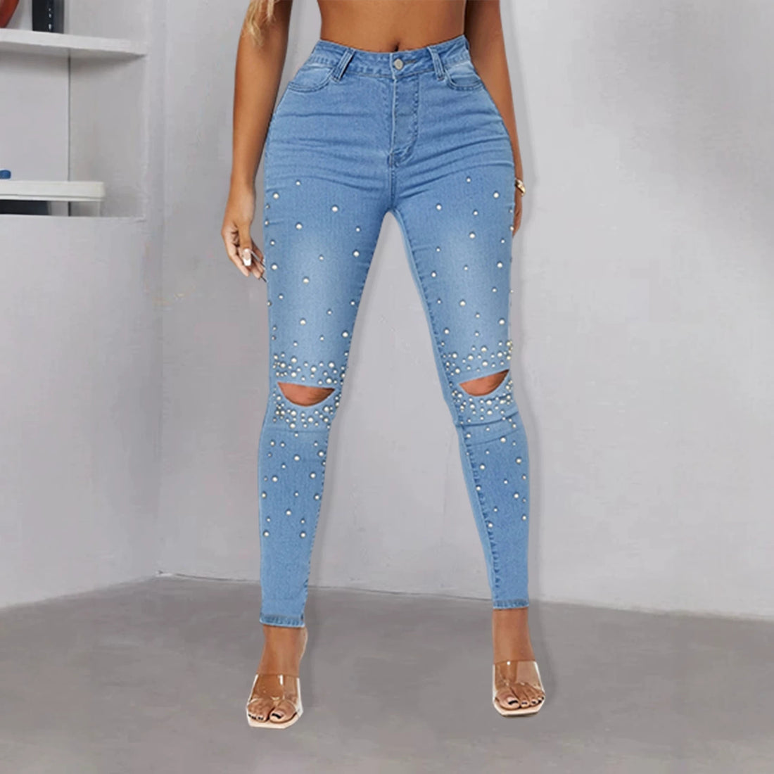 Damen Enganliegende High-Waist Skinny-Jeans mit Perlenbesatz und Knie-Cutouts Echo Archiv
