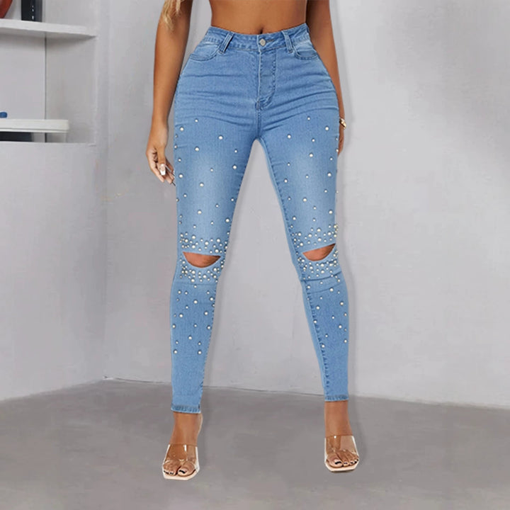 Damen Enganliegende High-Waist Skinny-Jeans mit Perlenbesatz und Knie-Cutouts Echo Archiv