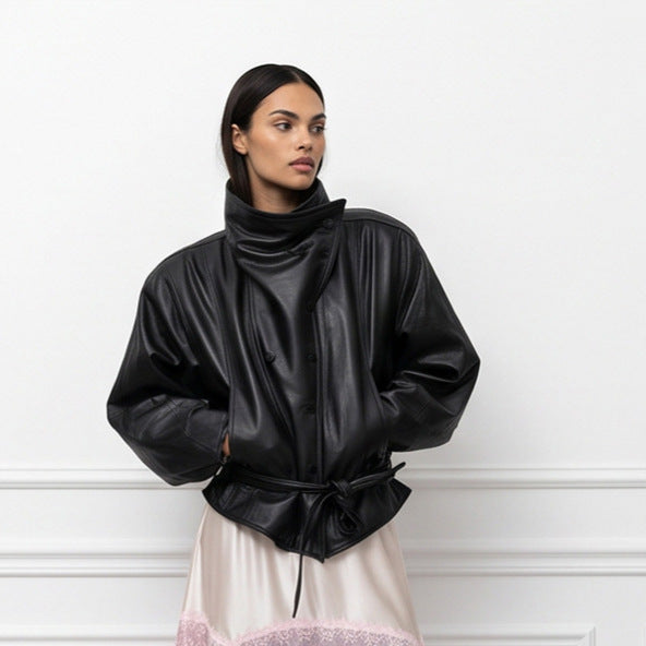 Damen Oversize-Kunstleder-Bomberjacke mit hohem Stehkragen und Taillengürtel Echoarchiv
