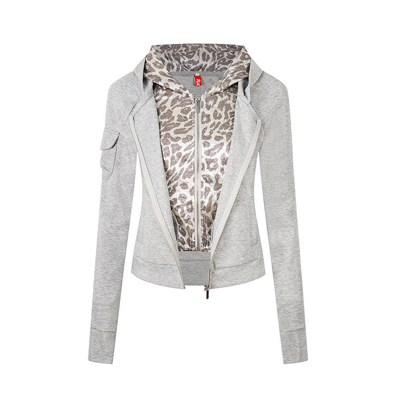 Damen Lagenlook-Zip-Hoodie mit metallischem Leoparden-Innenfutter und schmaler Silhouette Echoarchiv
