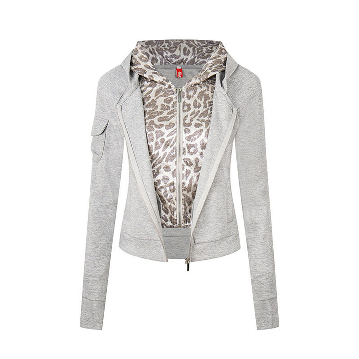 Damen Lagenlook-Zip-Hoodie mit metallischem Leoparden-Innenfutter und schmaler Silhouette Echoarchiv
