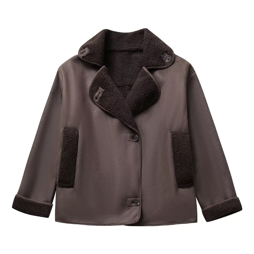 Damen nan kurze Winterjacke mit weichem Teddyfutter, Umschlagkragen und Knopfleiste Echo Archiv