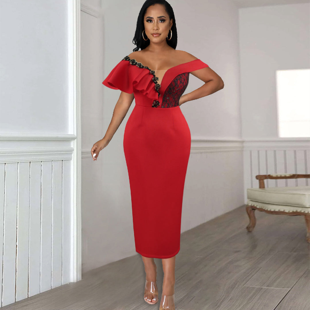 Damen elegantes Kleid mit asymmetrischem Schnitt und floralen Akzenten Echo Archiv