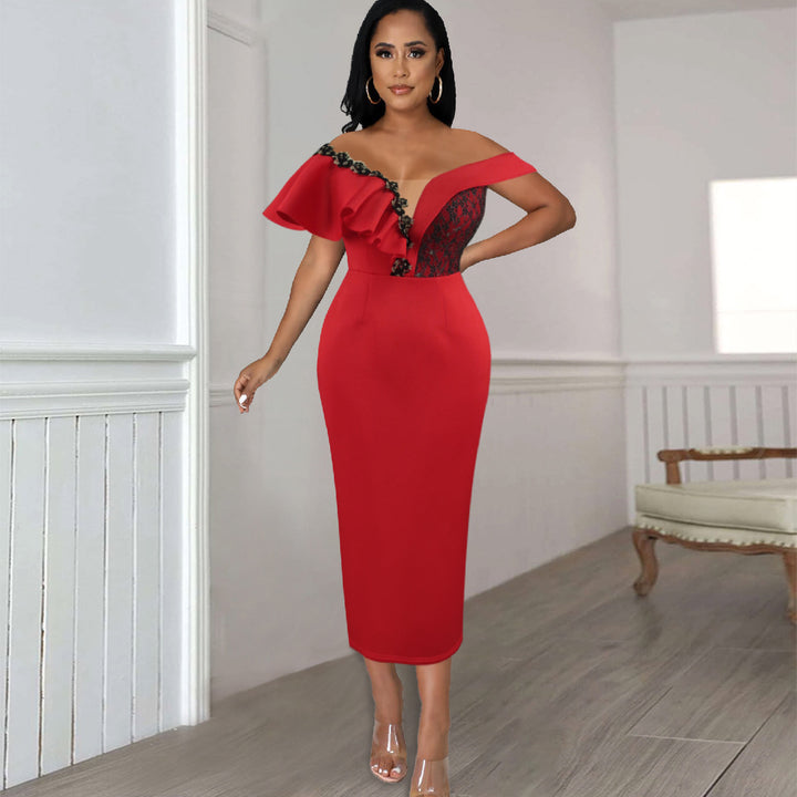 Damen elegantes Kleid mit asymmetrischem Schnitt und floralen Akzenten Echo Archiv