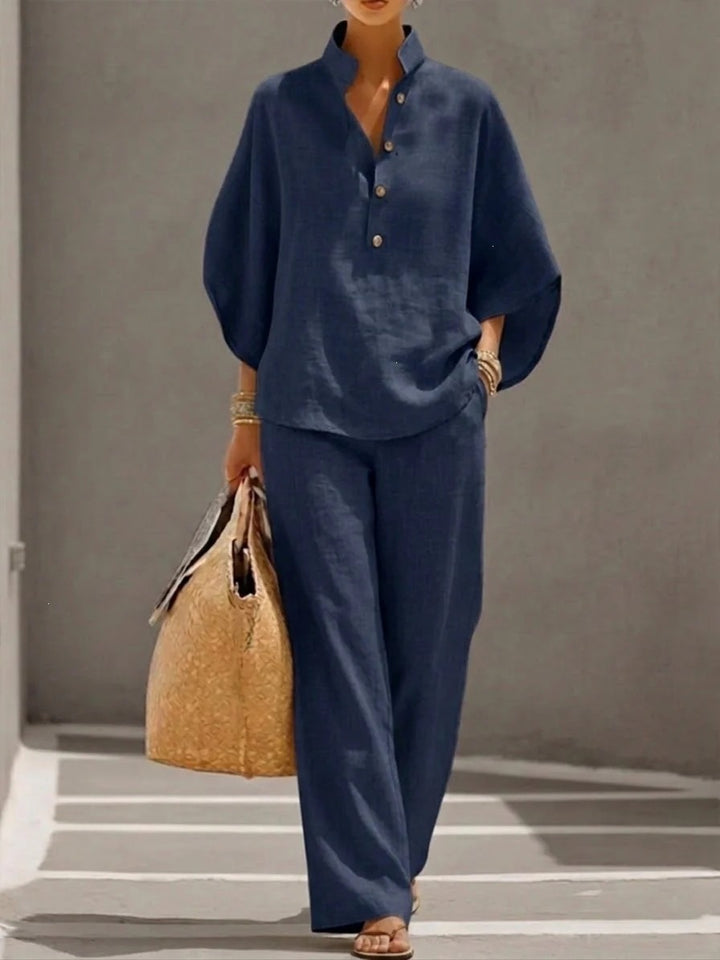 Damen Lockeres Leinenoptik-Zweiteiler mit Stehkragenbluse und weitem Palazzo-Hose – Élanora