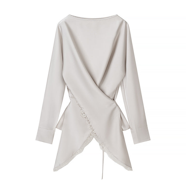 Damen Zweiteiliges Satin-Set mit Wickelbluse und Midirock mit Spitzenbesatz Echo Archiv