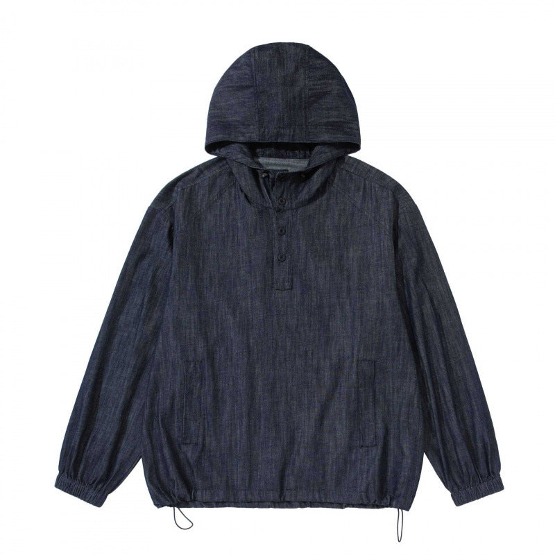 Unisex Denim-Blend Kapuzenpullover im Overshirt-Stil mit Henley-Knopfleiste Echo Archiv