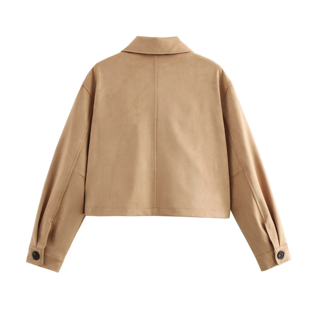 Damen kurze Oversize Wildlederimitat-Jacke mit großem Hemdkragen und aufgesetzten Pattentaschen – Célinea