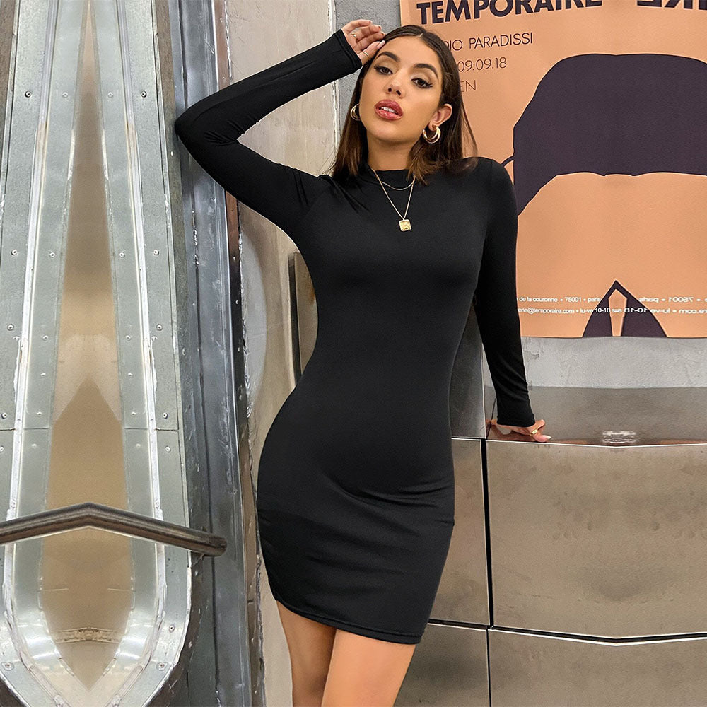Damen figurbetontes Langarm-Minikleid mit Stehkragen und Sculpting-Jersey – Élara