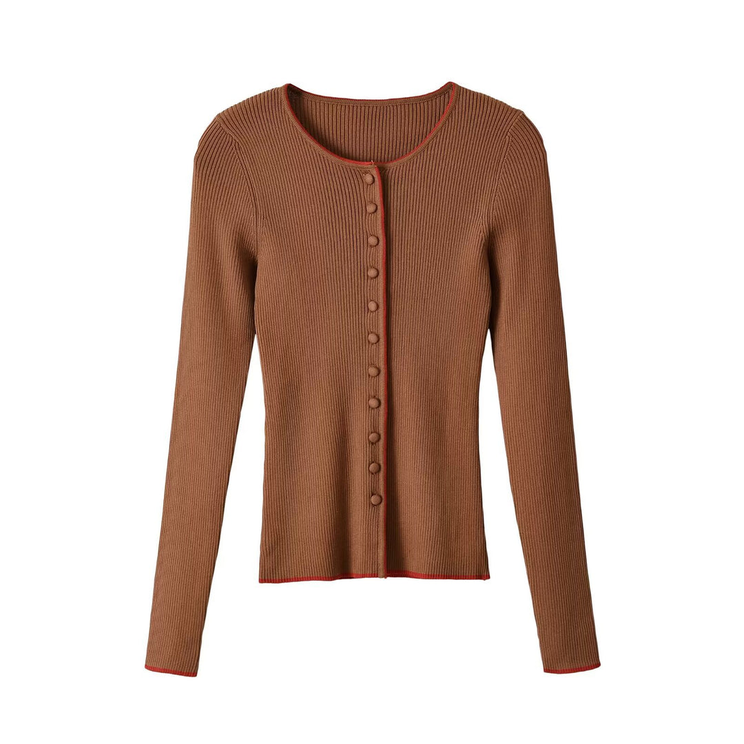 Damen Feinripp-Cardigan mit verdeckter Knopfleiste und Kontrastkante Echoarchiv