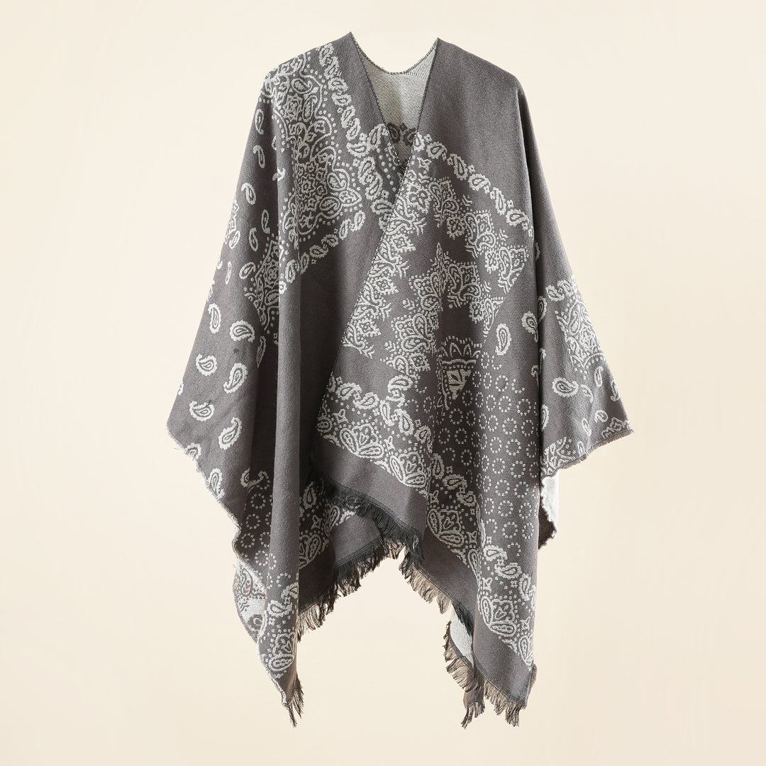 Damen Jacquard-Umhangponcho mit Paisley-Muster und Fransen Echo Archiv