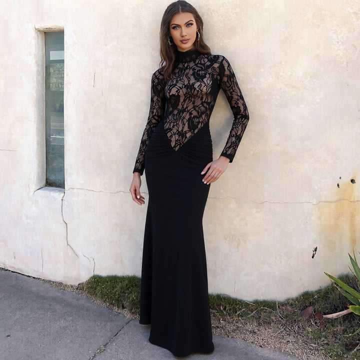 Damen Elegantes Maxikleid mit transparentem Spitzenoberteil und figurbetontem Schnitt Echo Archiv