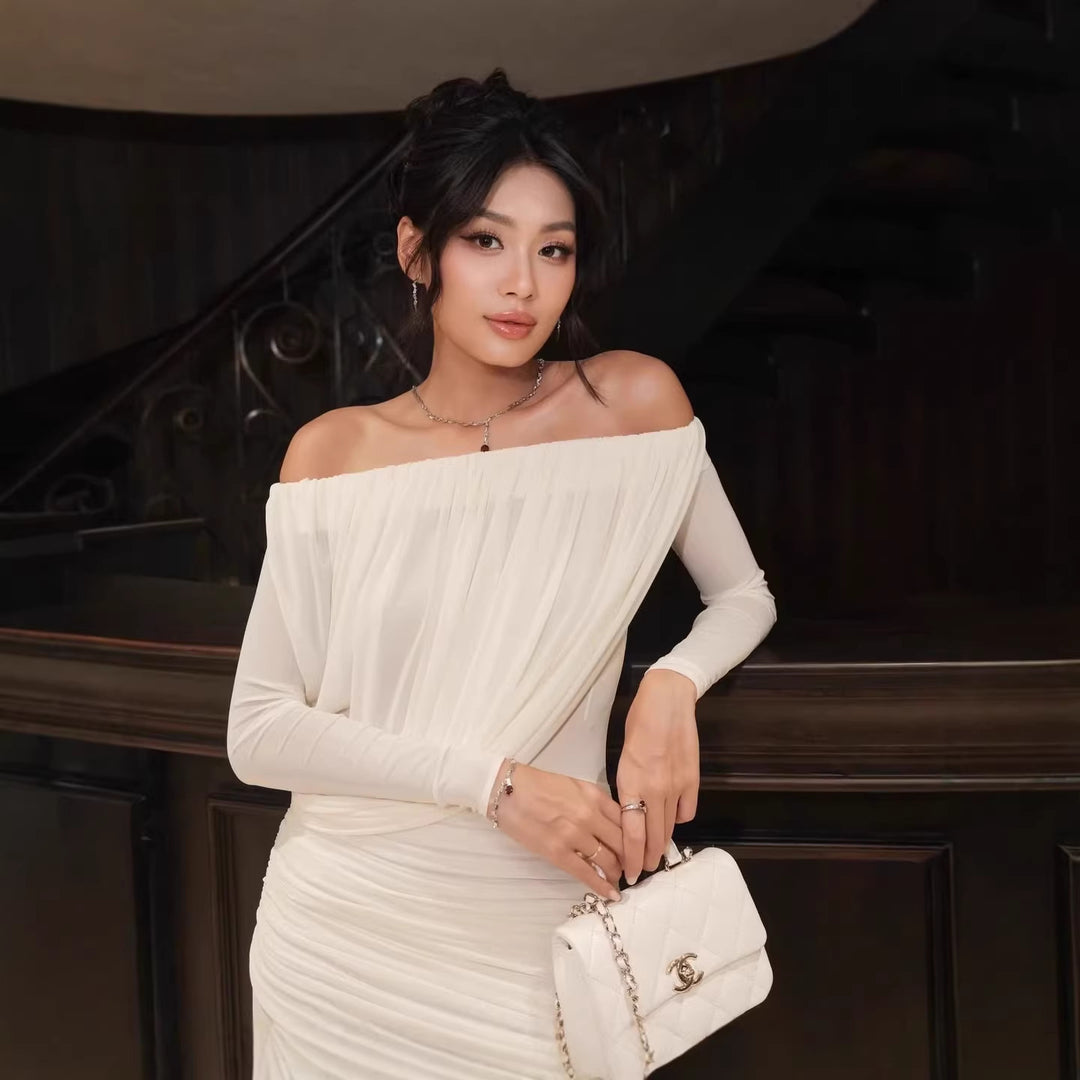 Damen Langarm Maxikleid mit Drapier-Design und schulterfreiem Ausschnitt Echo Archiv