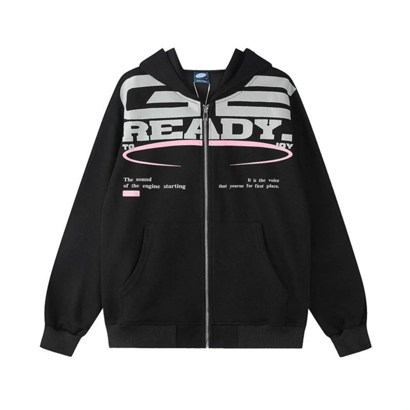 Damen Kapuzen-Sweatjacke mit durchgehendem Reißverschluss, Oversize-Schnitt und Statement-Frontprint Echoarchiv