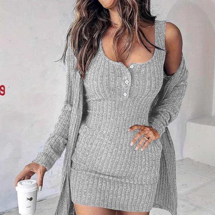 Damen Geripptes Twinset aus figurbetontem Träger-Strickkleid und Offenem Longcardigan – Mavelle