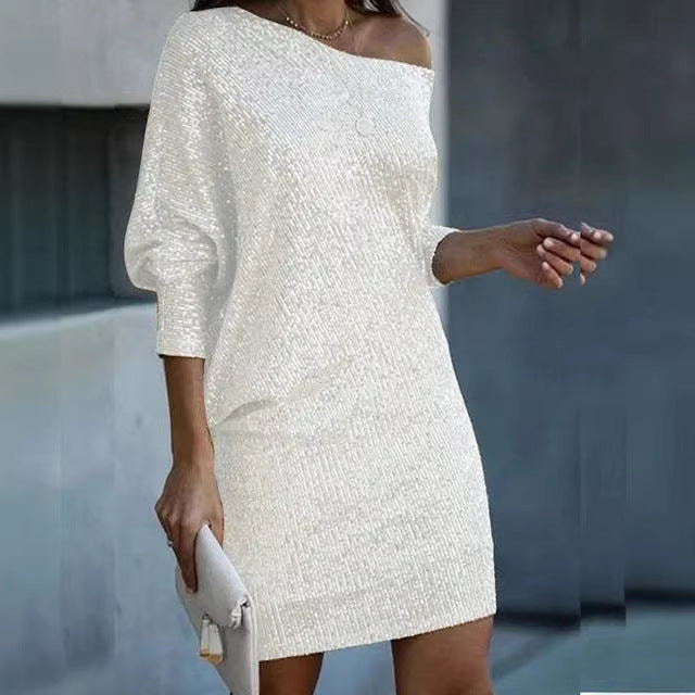 Damen Schulterfreies Strick-Minikleid mit Fledermausärmeln – Élara