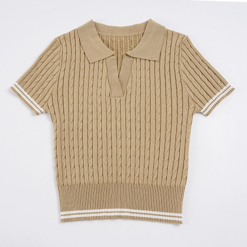Damen kurzärmeliges Strickoberteil mit raffiniertem Rippmuster und Polokragen Echo Archiv