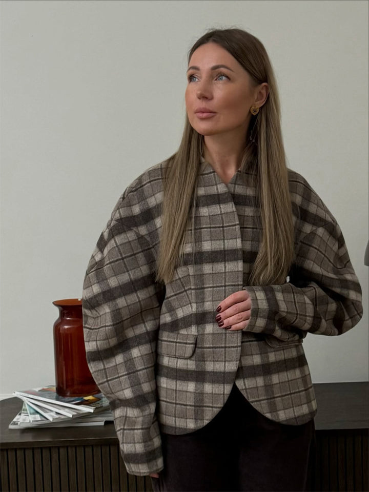 Damen Karierter Boxy‑Blazer mit voluminösen Ballonärmeln Echoarchiv