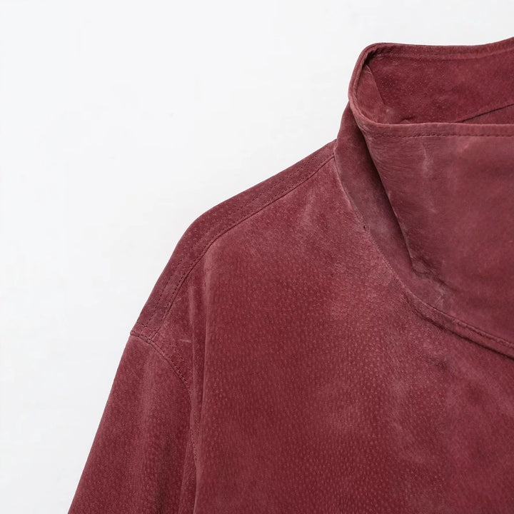 Damen Kurzschnitt Veloursleder-Bomber mit hohem Stehkragen und elastischem Saum Echo Archiv
