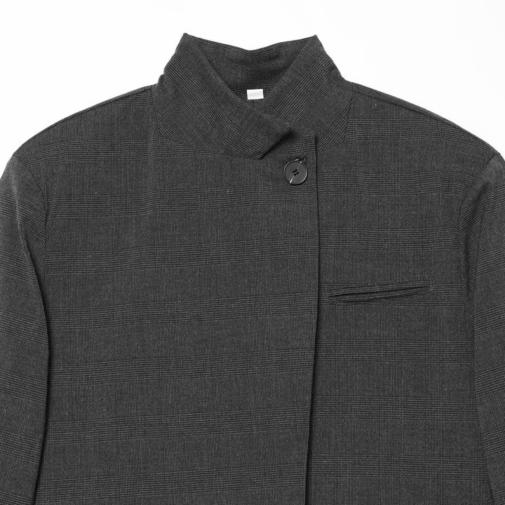 Damen Karierter Longblazer mit Stehkragen, verdeckter Knopfleiste und Pattentaschen Echoarchiv