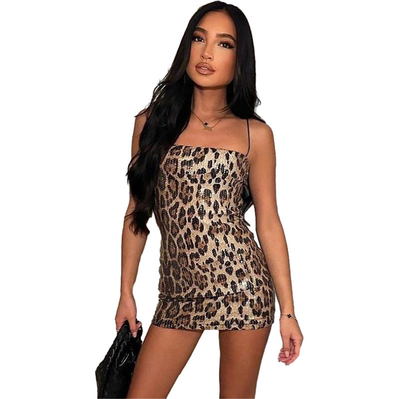 Damen Glitzerndes Minikleid mit Leopardenmuster und Spaghetti-Trägern Echo Archiv