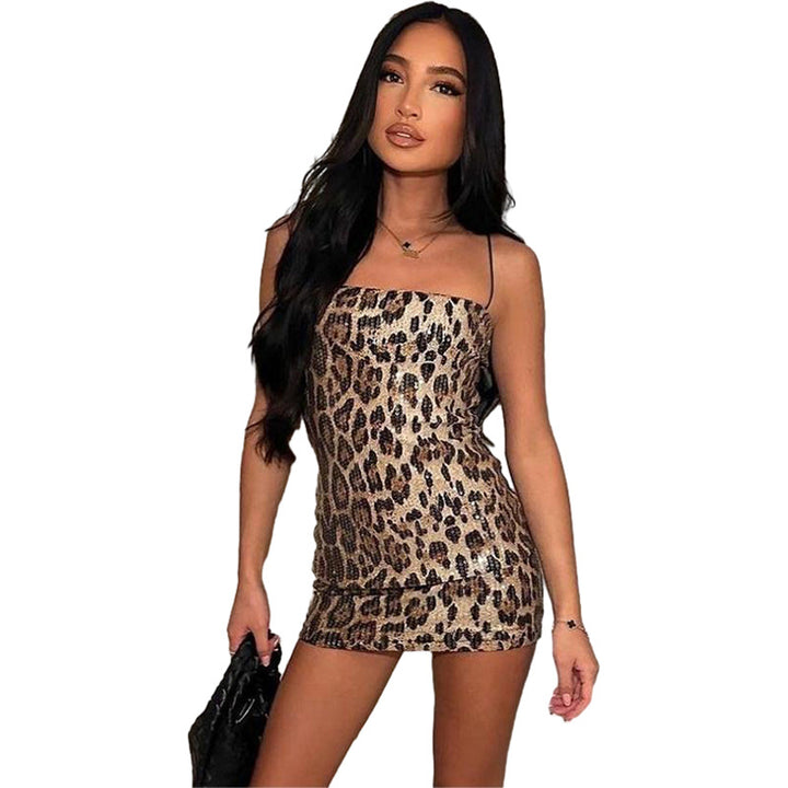 Damen Glitzerndes Minikleid mit Leopardenmuster und Spaghetti-Trägern Echo Archiv