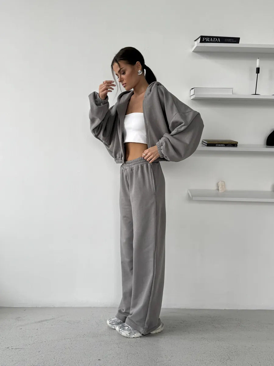 Damen Lounge-Set Cropped-Zip-Hoodie mit Oversize-Ärmeln und High-Waist Palazzo-Jogger – Élanora