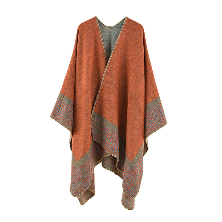 Damen Wollmix-Poncho im asymmetrischen Zipfelschnitt mit eingewebter Karobordüre – Avérine