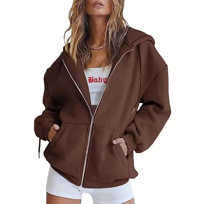 Damen oversized Kapuzenjacke mit durchgehendem Reißverschluss Kängurutaschen und weichem Sweatmaterial – Auréline