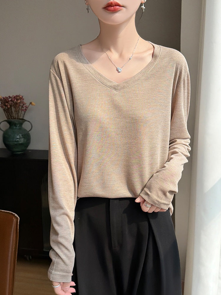 Damen Leichtes V-Ausschnitt-Feinstrick-Longsleeve Echoarchiv