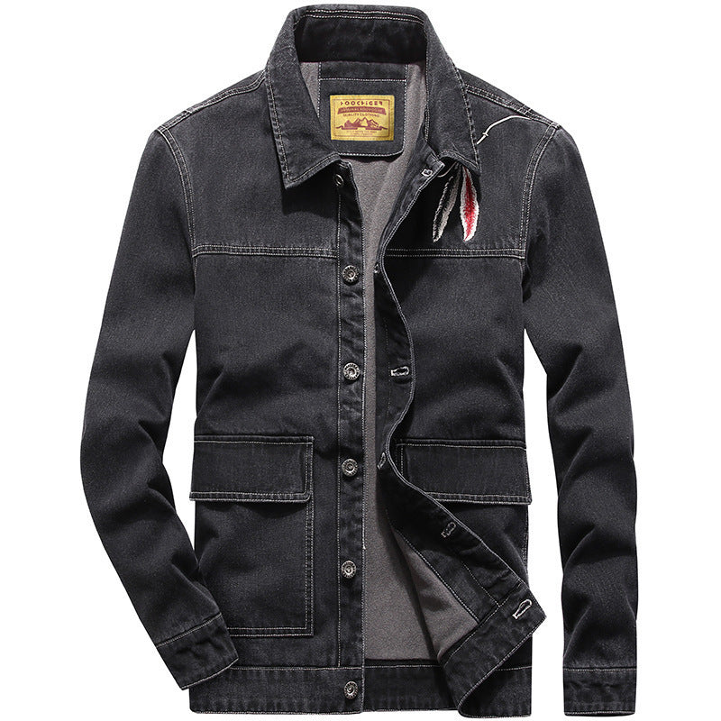 Herren Jeansjacke mit Used-Effekt, aufgesetzten Taschen und eingesticktem Rissdetail – Denvaro